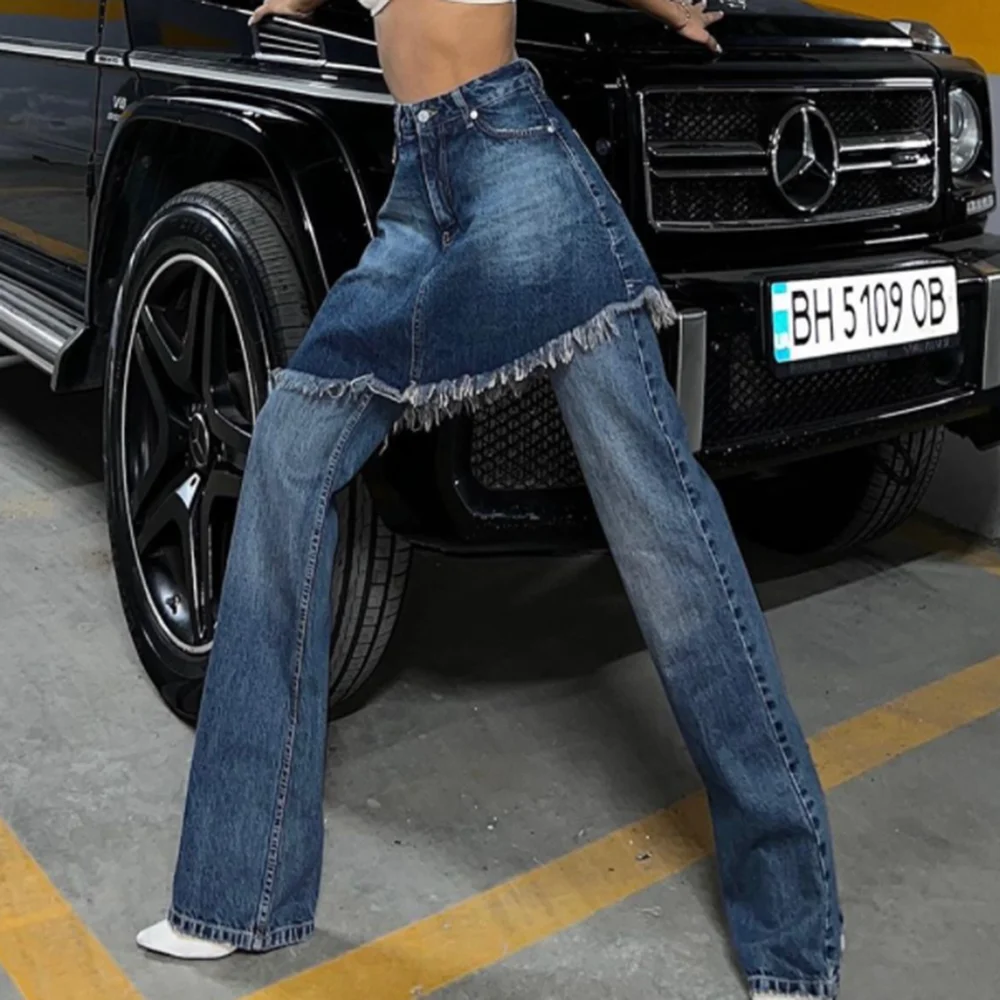

Женские прямые джинсы в стиле пэчворк, Синие рваные джинсы с высокой талией и бахромой, уличная одежда с карманами, Модные Винтажные брюки 90-х, Y2K