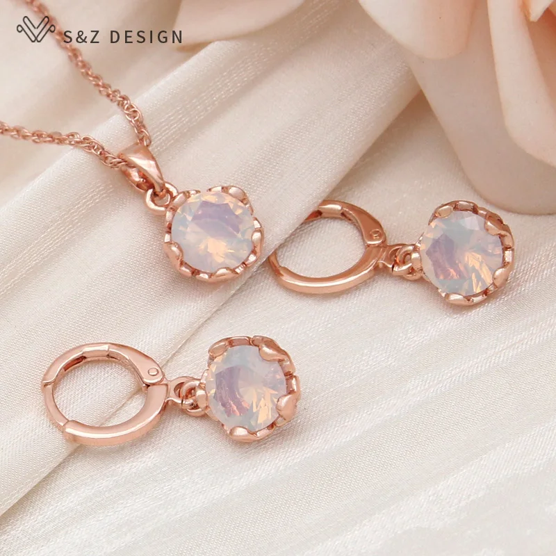 S&Z DESIGN New Trendy Cute Cubic Zirconia Round Flowers Dangle Earrings Jewelry Sets For Women Wedding Party Pendant Necklace