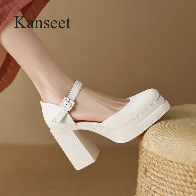 

Kanseet Women's Sandals 2023 New Summer Platform Genuine Leather Shoes 10cm Super High Heels Handmade Buckle Strap Ladies Pumps