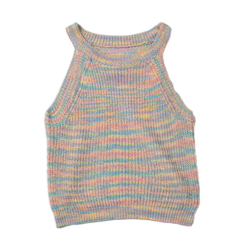 

Женский укороченный топ без рукавов с лямкой на бретельках, Радужный красочный вязаный мини-свитер с круглым вырезом и открытыми