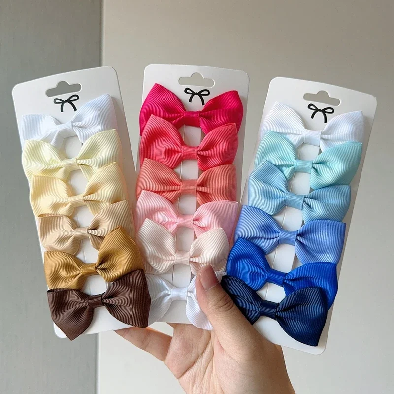 6Pcs Ribbon Bows Hairpin Girl Sweet Solid Design Hairpin Color Block Delicate Hairgripe Barrettes Kawaii Child Accessories 2