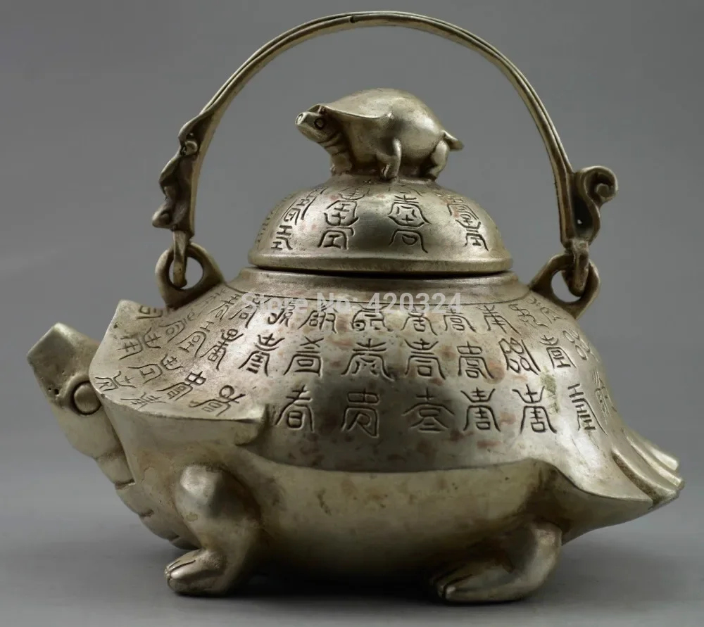 

Old Handwork Carved Tortoise Big Teapot exquisite Marble Art Rare Vintage Decoration real Tibetan Silver Brass