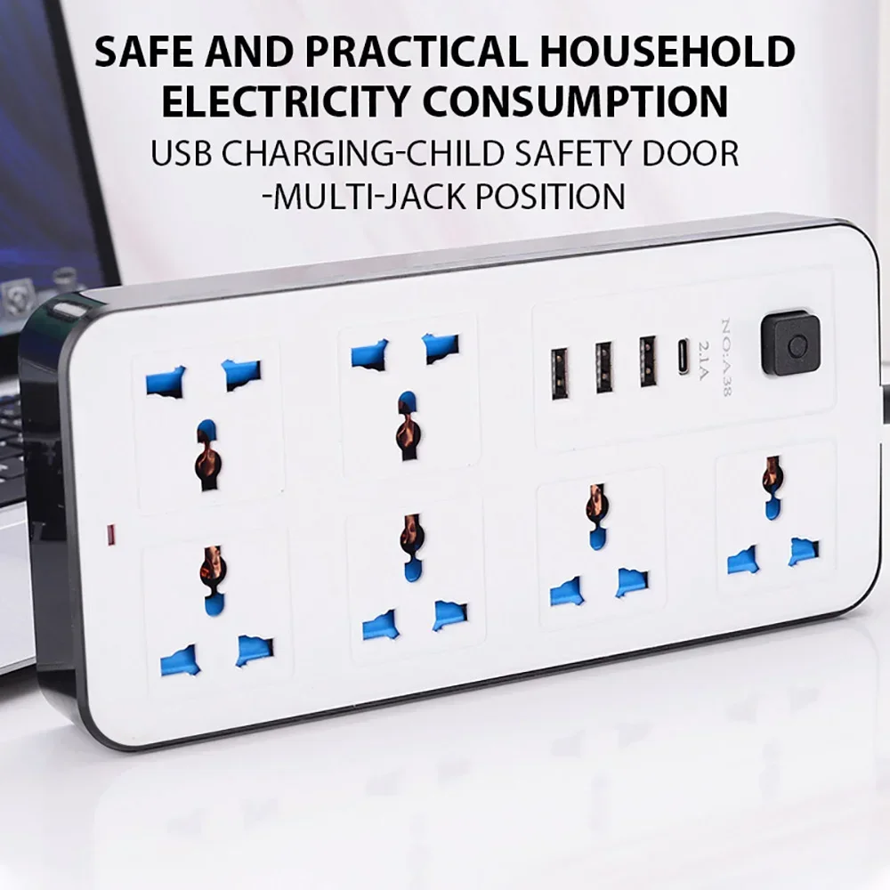 2m Extension Cord Power Multi Tap Multi Ports AC Sockets & 3 USB Electrical Socket Type C Smart Home EU US UK Universal Plug
