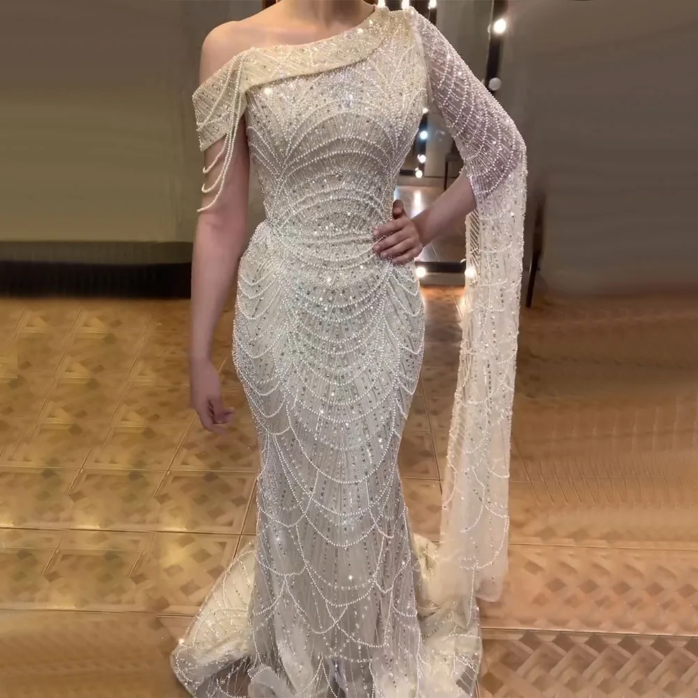 Ivory Mermaid Elegant Feathers Cape Sleeves Square Beaded Luxury Evening Dresses Gowns Caftan Marocain 2025 LA71748 main image 0