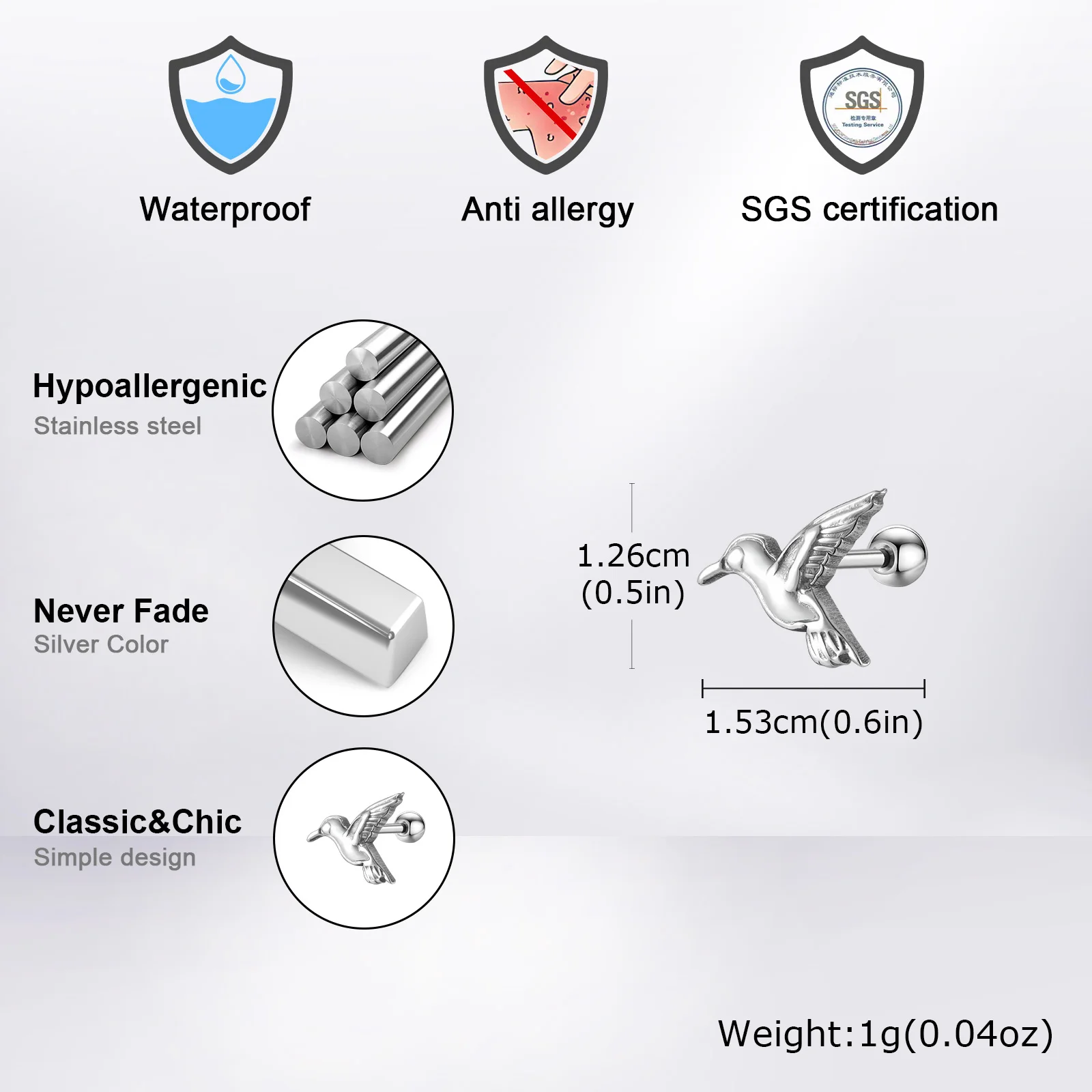 Flying Hummingbird Stud Earrings for Men,Stainless Steel Metal Animal Elegant Bird Earring