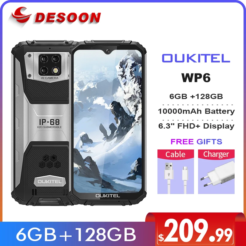 

OUKITEL WP6 10000mAh 6.3'' FHD+ IP68 Waterproof Mobile Phone 6GB 128GB Octa Core 48MP Triple Cameras Rugged Smartphone