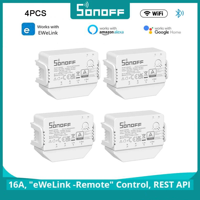 

4PCS Sonoff Mini R3 16A Wifi Bluetooth Smart Switch Met S-MATE No Neutral Wire Solution Ewelink APP Control Via Alexa Google