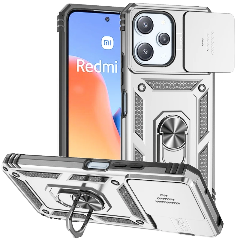 Enhanced Shockproof Armor Phone Case with Ring Holder and Slide Lens Protector for Xiaomi Redmi 12 4G (2023)