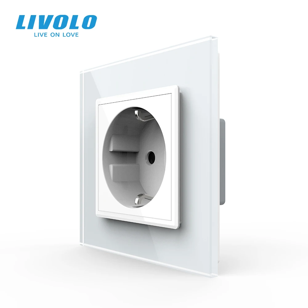 Tomada de energia padrão da ue livolo, painel de vidro cristal branco, ac 110 250 VL-C7C1EU-11 v 16a tomada de parede,, nenhum logotipo