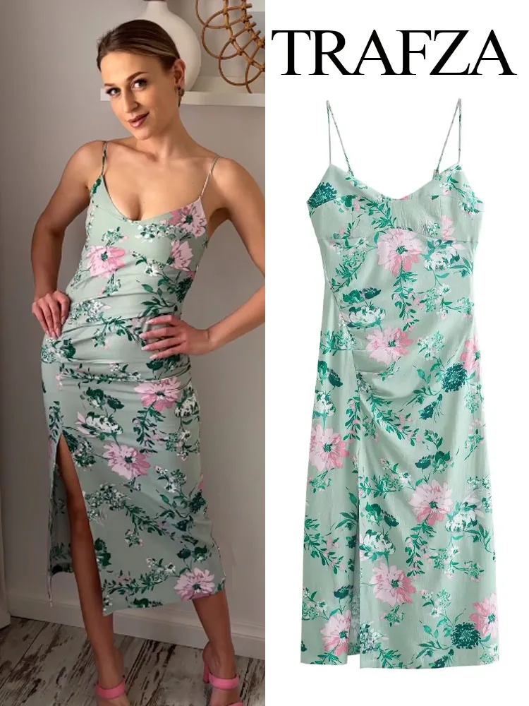 

TRAFZA Women Chic Print Fold Zipper Decoration Mid-Length Dress Female Elegant Sexy Sleeveless Backless Beach Party Slip Dress