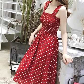 women summer sleeveless dot dress sexy backless a line spaghetti strap beach style dresses camisole off shoulder folds vestidos