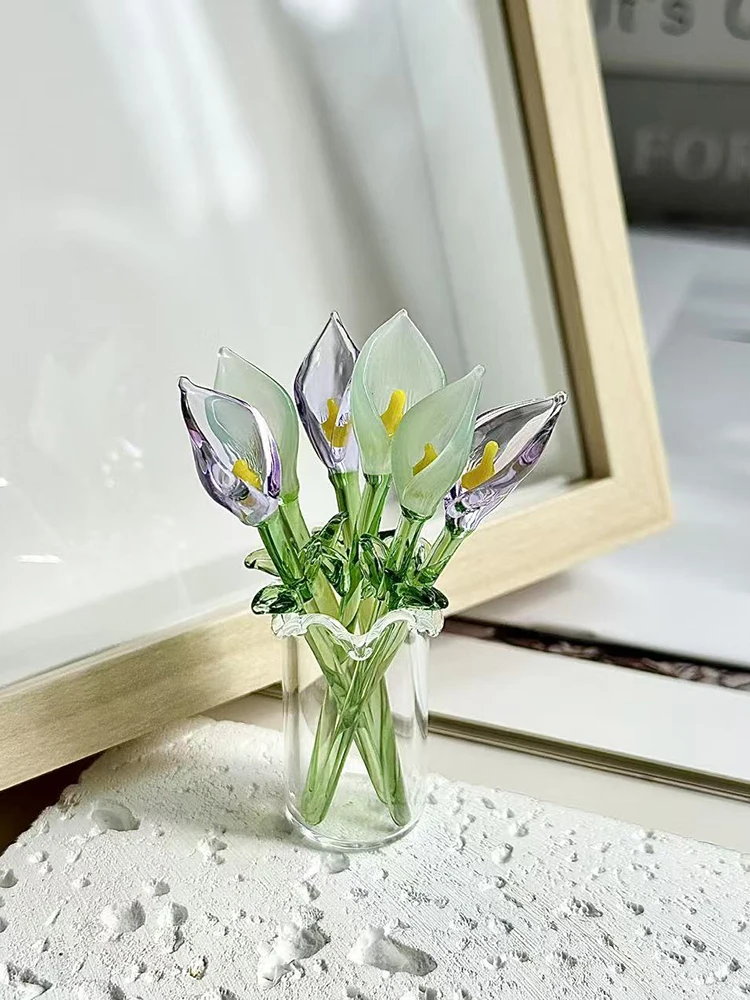Handgefertigte Glas-Kallusblume mit Stiel, mundgeblasene Mini-Glasblumenfigur, Dekoration für Zuhause, farbenfrohes Blumenornament – Detail 16