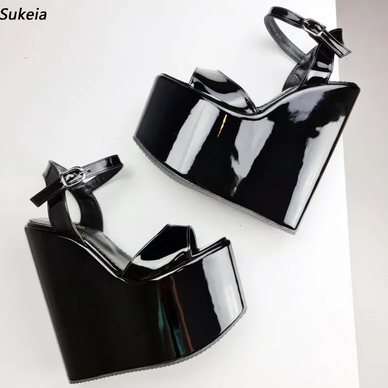 

Sukeia Handmade Women Summer Platform Sandals Patent Wedges Heels Round Toe Nice Black Party Shoes Ladies US Plus Size 5-15