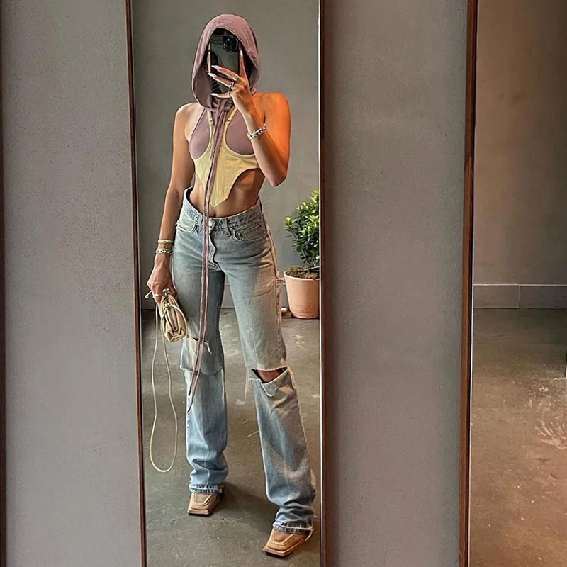 

Hooded Sleeveless Vest Streetwear Fashion Color Contrast Slim Sexy Y2k Crop Top Open Back Clothes Women