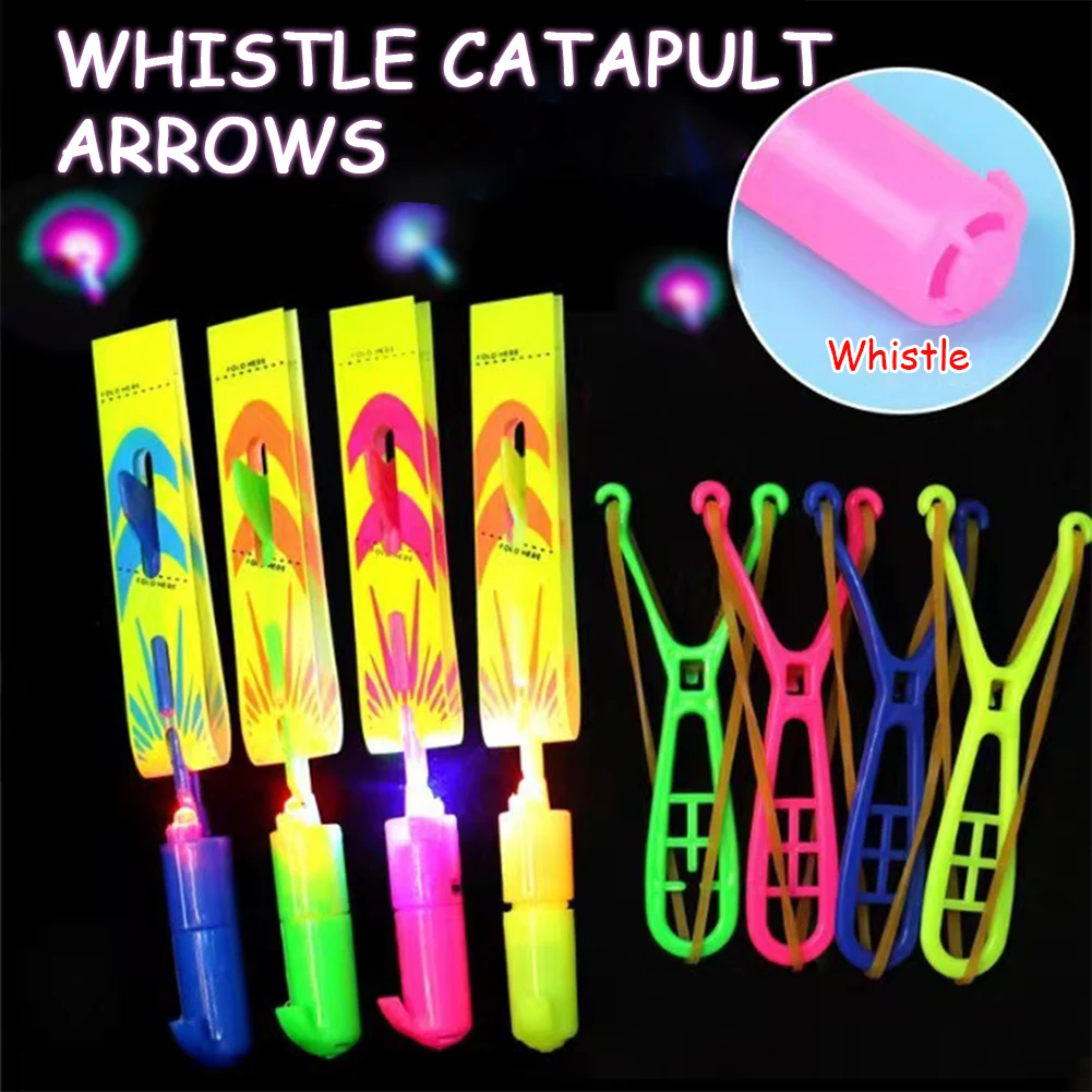 Rocket Slingshot Flying Toys 10Pcs LED Arrow Helicopters + 10Pcs Launcher Rocket Helicopter Toys Luminous Slingshot Toy for Kids