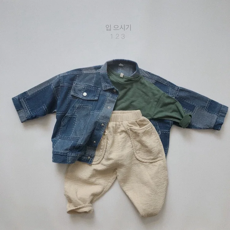 Korean Childrens Boys Denim Jacket Autumn Winter Full Print Retro Plaid Toddler Boys Work Jacket Loose Versatile Kids Coat
