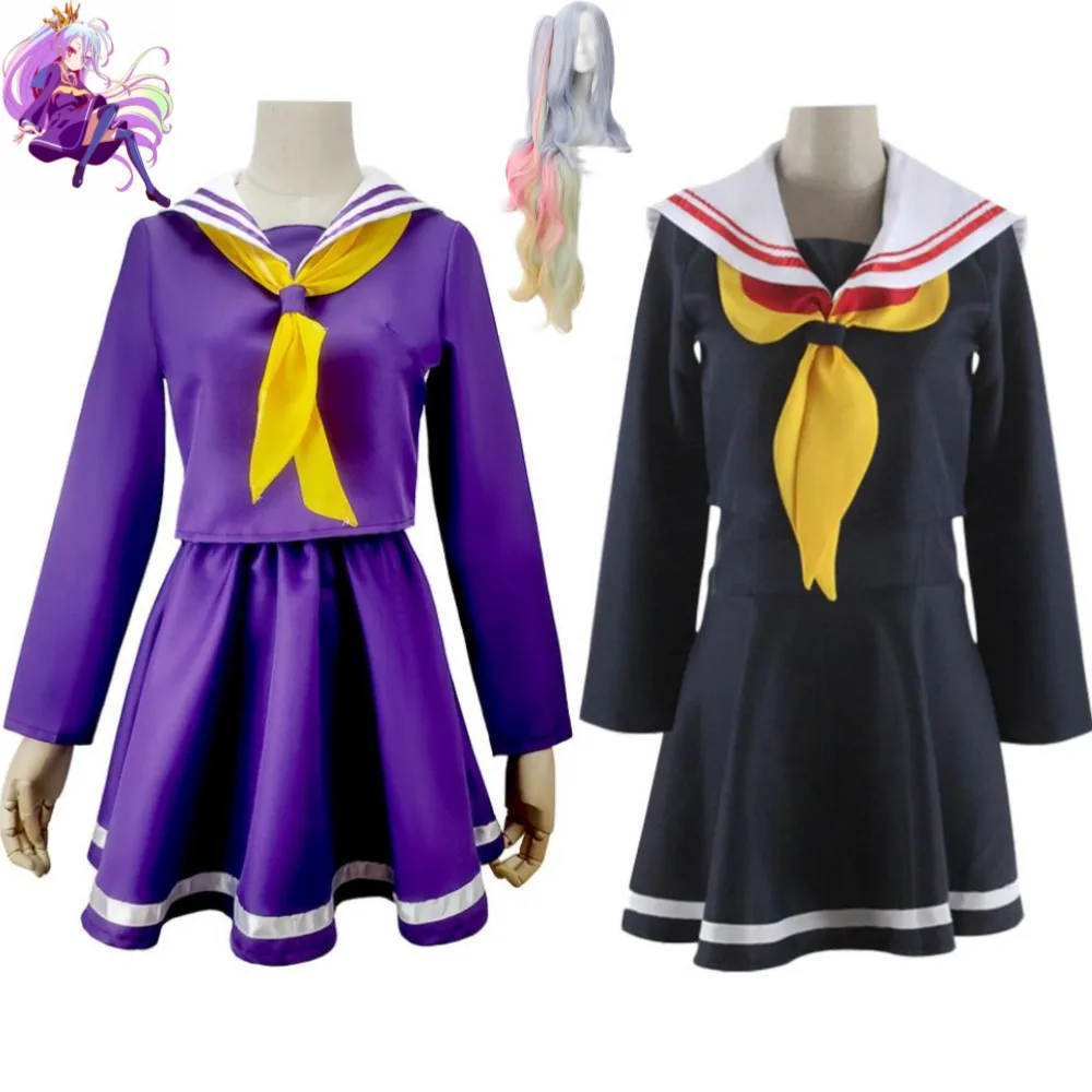 

Anime Cartoon NO GAME NO LIFE Shiro Cosplay Costume Wig Top Skirt Purple Black School JK Sailor Uniform Hallowen Cute Suit