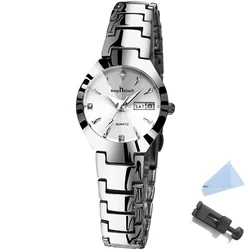 Women's Elegant Stainless Steel Waterproof Quartz Wristwatch with Luminous Dial and Calendar Feature (Date white)
