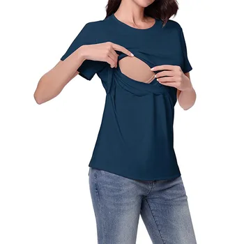 Maternity T-shirt Summer Short Sleeve Breastfeeding T-shirt Postpartum Spicy Mothers Nursing Clothes Block Color Lactation Tees