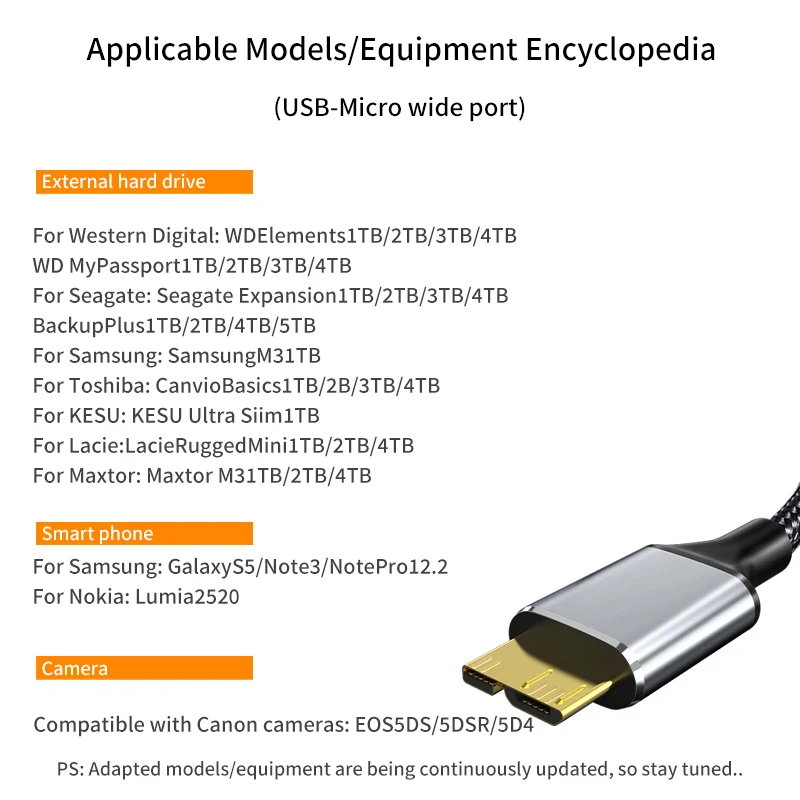 USB Micro B Cable 3.0 5Gbps External Hard Drive Disk For Samsung Toshiba WD Seagate HDD