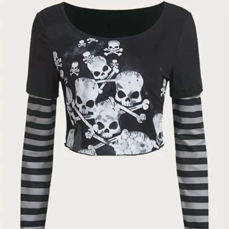 

Женская футболка с длинным рукавом Goth Fashion Dark, черный лоскутный пуловер с принтом черепа в полоску и круглым вырезом, топ в готическом стиле