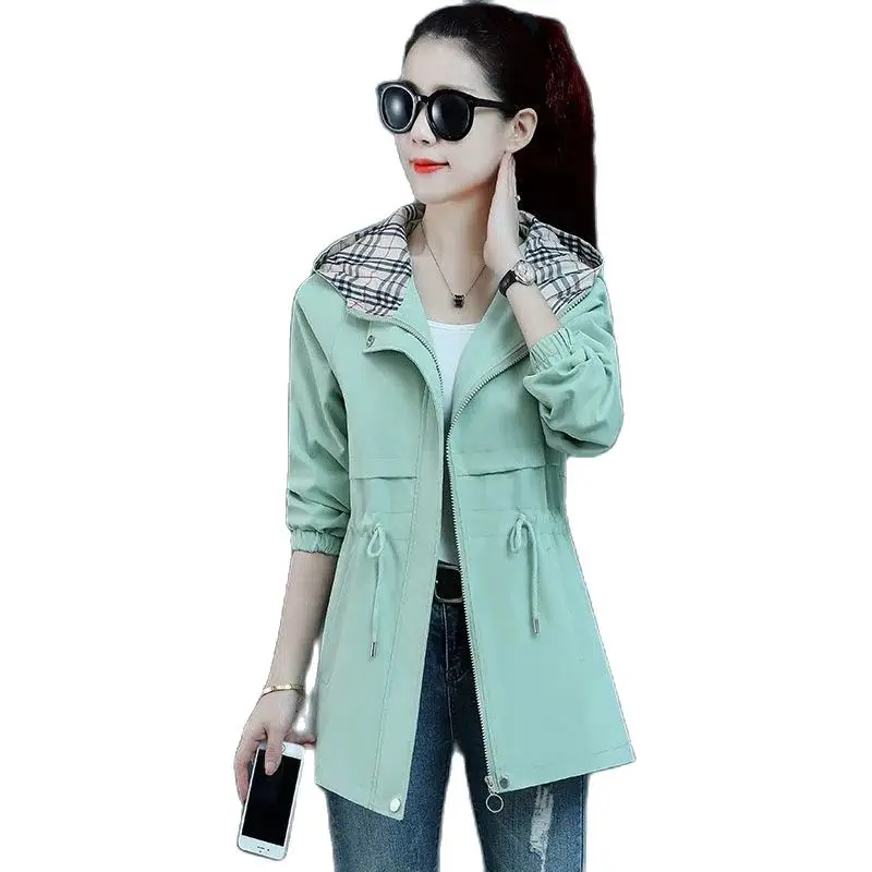 

Ветровка средней длины для девушек, весна-осень 2023, Женская куртка, облегающая Корейская верхняя одежда с длинным рукавом и капюшоном на талии, модное женское пальто