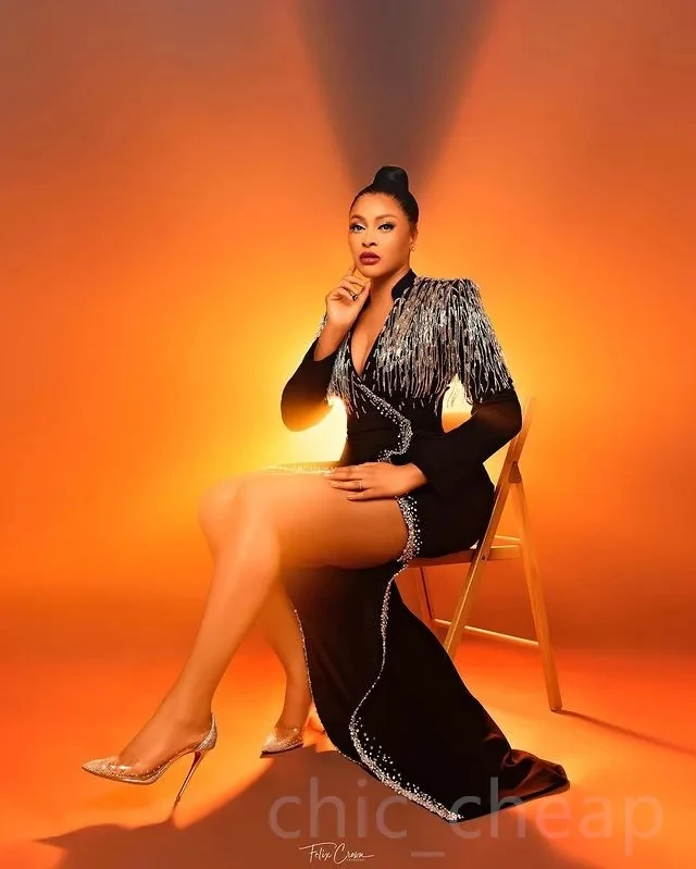 

Black African American Prom Dresses Mermaid V-neck Long Sleeves Beaded Black Girls Nigeria Robe De Soiree Evening Dresses Gown