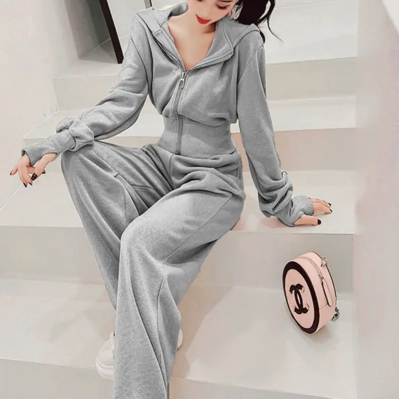2023 Autumn Korean New Double Zipper Sweater Hoodie Set Loose Casual Fashion Wide Leg Pants Two Piece Set for Women
