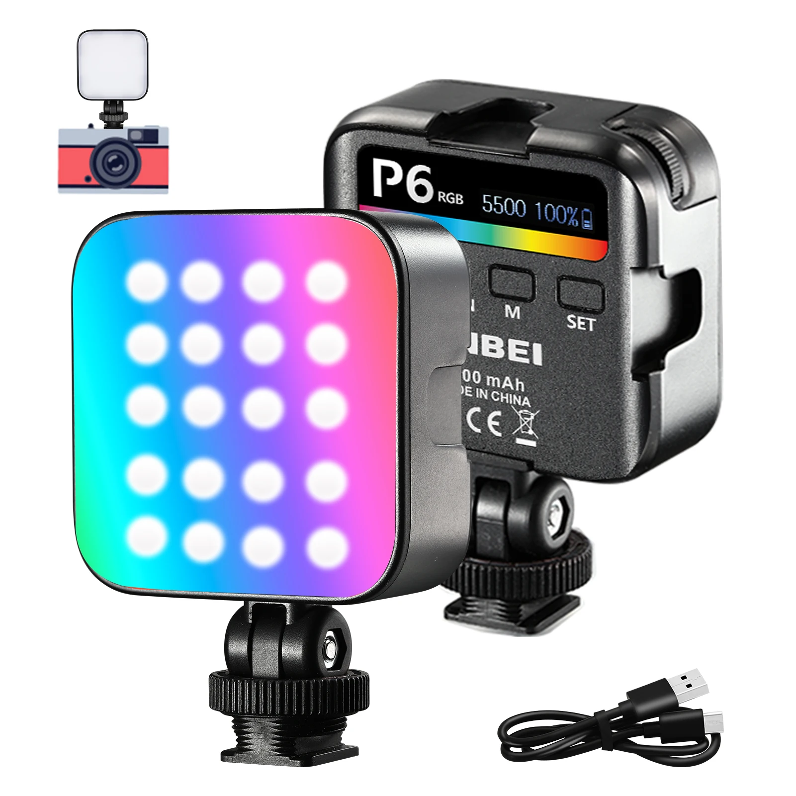 JINBEI P6 미니 RGB 필 라이트 라이브 사진 LED 휴대용 분위기 모바일 카메라 포켓 조명 비디오 램프, 콜드 슈 4 개 포함