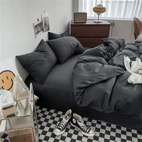 Black Bedding Set for Boys Girls Bedroom Washed Cotton Duvet Cover Pillowcase Bedspread Simple Fashion Bed Sheet Set Bed Linens 2