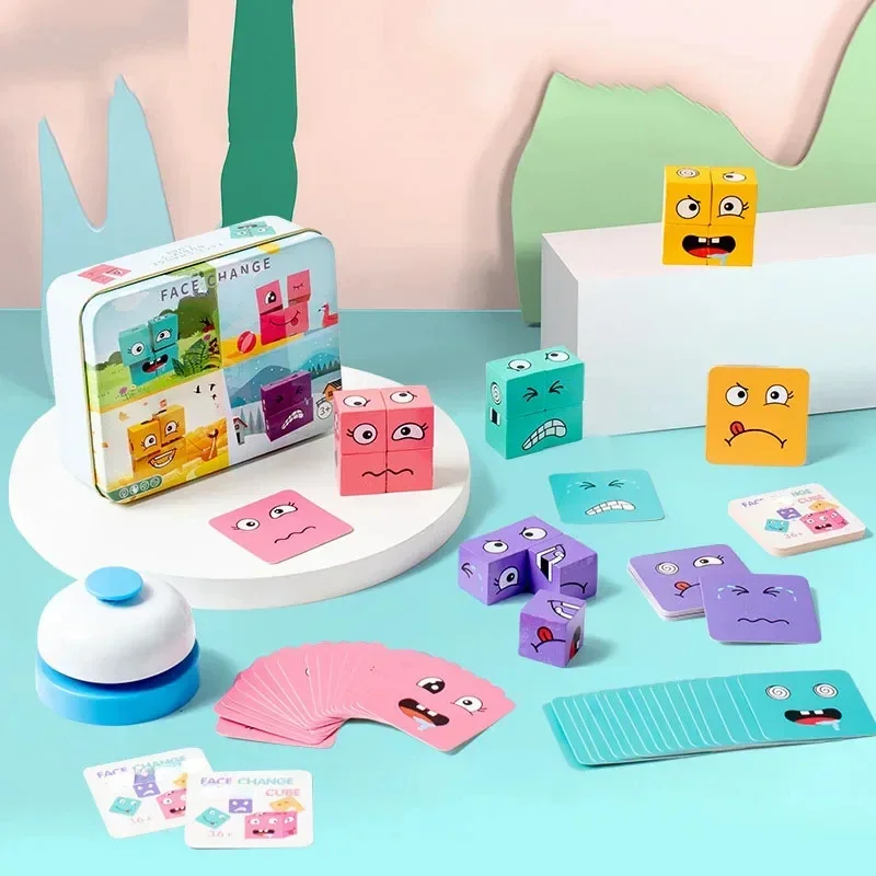 Cube Face Changing Building Blocks Board Game Wood Puzzle Montessori Expression Wooden Blocos for Children Battle Table Game building blocks,wooden puzzle toys,wooden toys,wooden blocks,stacking blocks