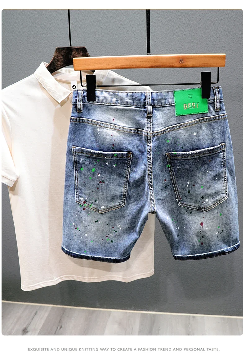 Men Fashion Denim Shorts Jeans New Summer Male Blue Ripped Jeans Shorts High Quality Man Paint Splash Technology Denim