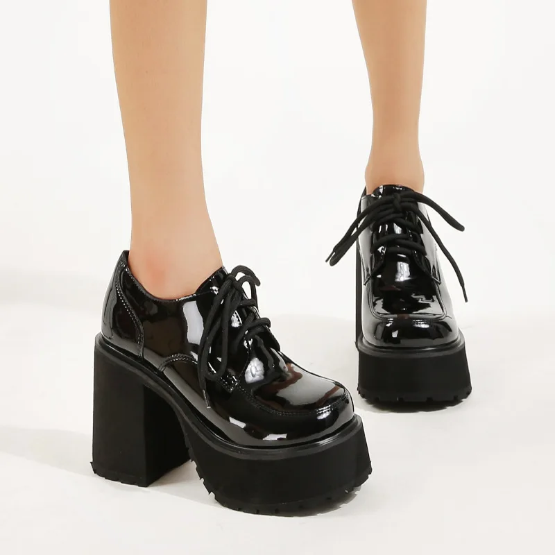 

10cm High Heel Platform Thick Bottom Patent Leather Large Size 35-43 Black White Shoes For Women Spring And Autumn Shoes