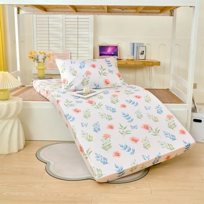 Botanical Floral Fitted Sheet Set 100% Cotton Skin-friendly Bedspread with 2 Pillowcases Children and Student Room Single Sheet 5