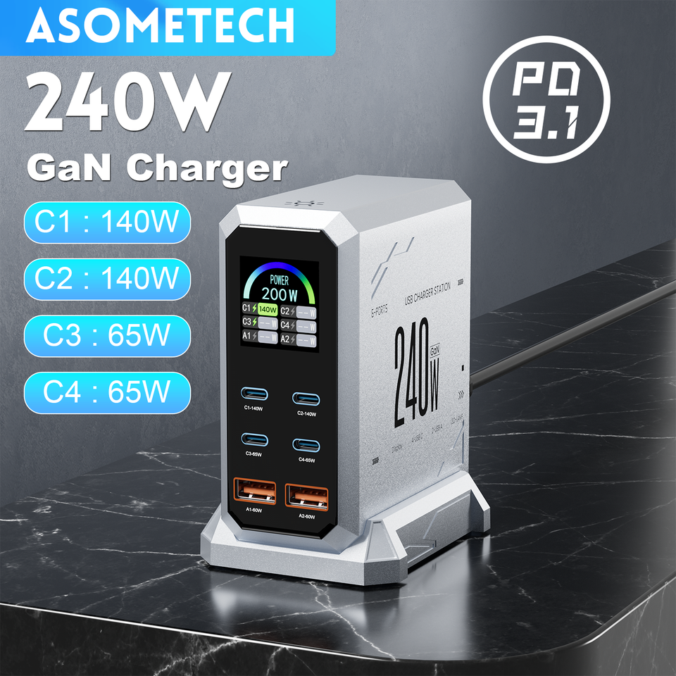 240W Digital GaN Charger PD3.1 140W USB Type C 6 Ports Desktop Fast Charging Station for IPhone Samsung Xiaomi MacBook Laptops
