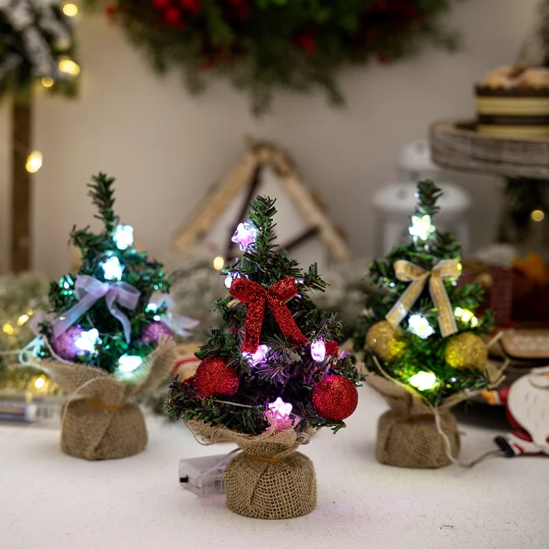 7.87inch Artificial Mini Christmas Tree Tabletop Small Xmas Tree with Bow Ball Ornaments Pre-Lit Holiday Home Decorations