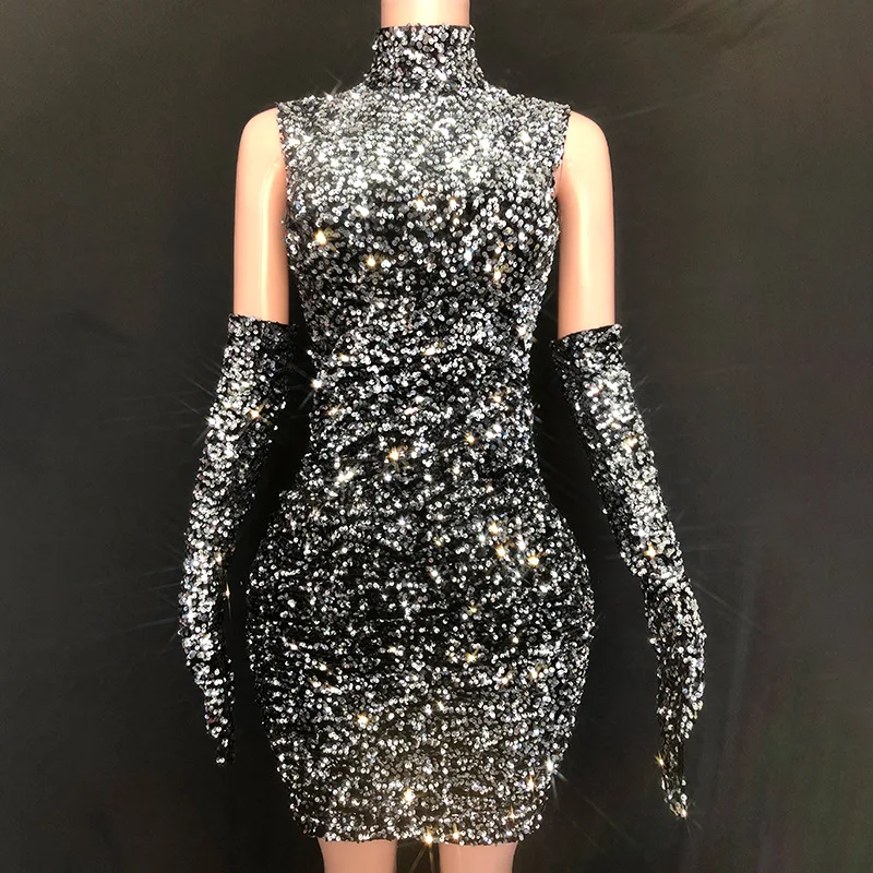 

Women Sexy Tight High Neck Wrapped Hip Dress Birthday Party Celebration Dinner Shining Sequin Gloves Stage Costume Plus Size