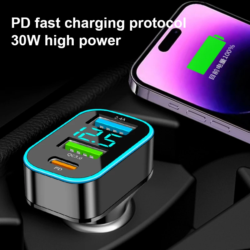 SEAMETAL 66W Quick Charge Car Phone Charger PD+QC3.0 3-Ports Super Charging Cigarette Lighter Adapter for iPhone Xiaomi Samsung 4