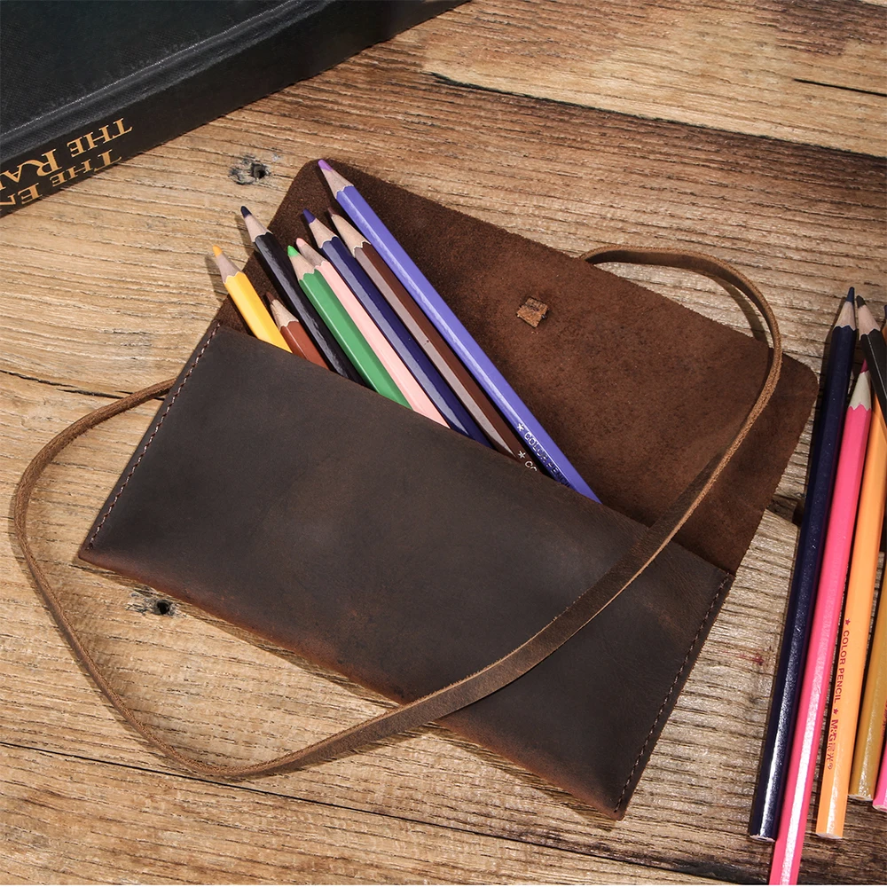Retro Pencil Case Crazy Horse Cowhide Leather Pen Pouch Bag Storage Roll  Holder