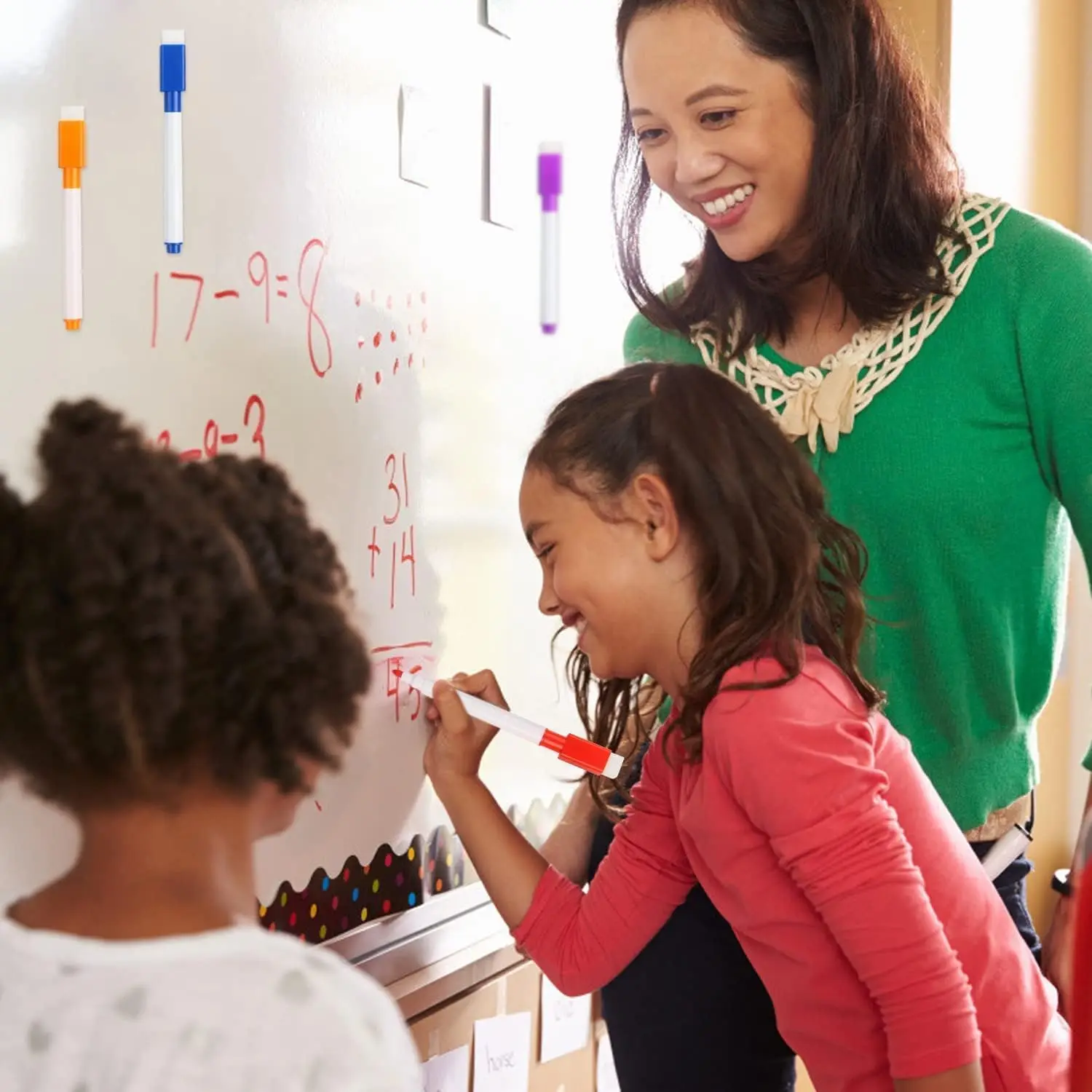 자석식 드라이 이레이즈 마커 18개 9가지 색상 가는 팁 드라이 이레이즈 펜 지우개 포함 화이트보드 마커 어린이 교사용