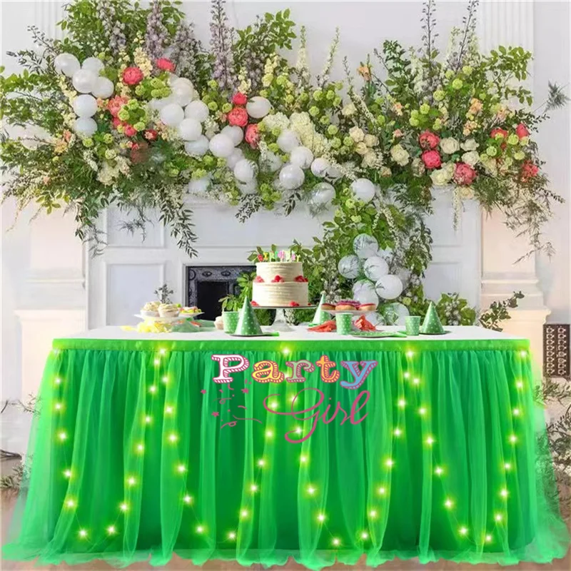 

Tulle Table Skirt With Led Light Poly Tablecloth Skirting For Event Party Wedding Backdrop Hotel Christmas Decoration