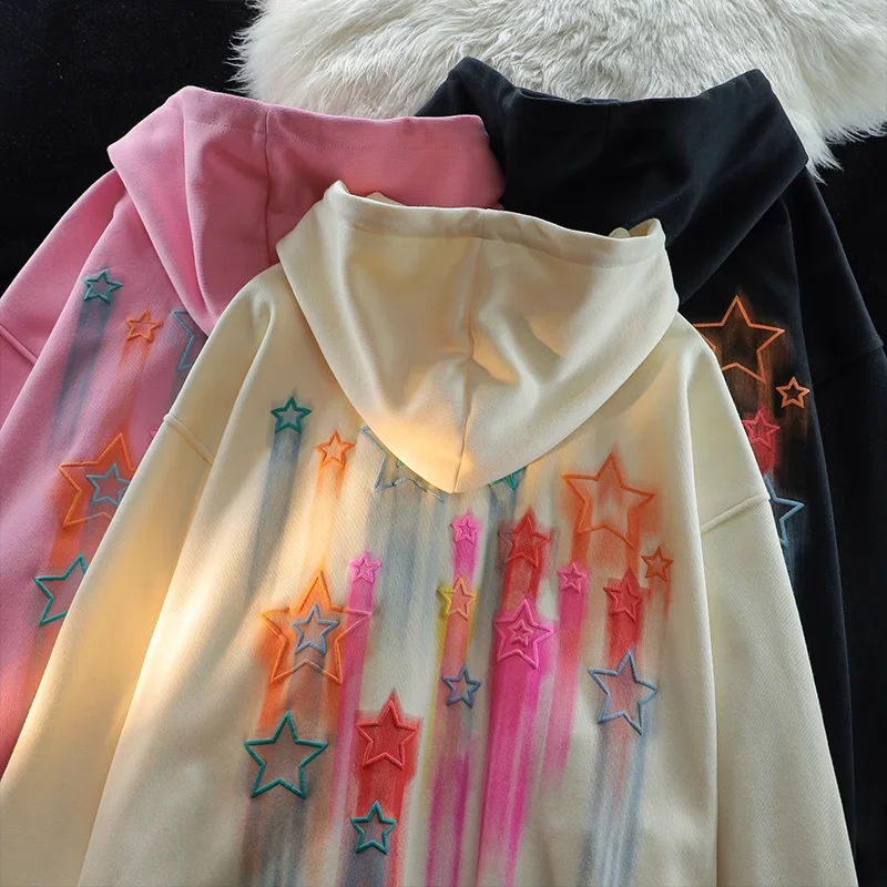 

Graffiti Tail Stars Y2K Printed Hoodie Jackets Harajuku Apricot Cotton Oversized Sweathsirt Hip Hop Cartoon Winter Coats Casual