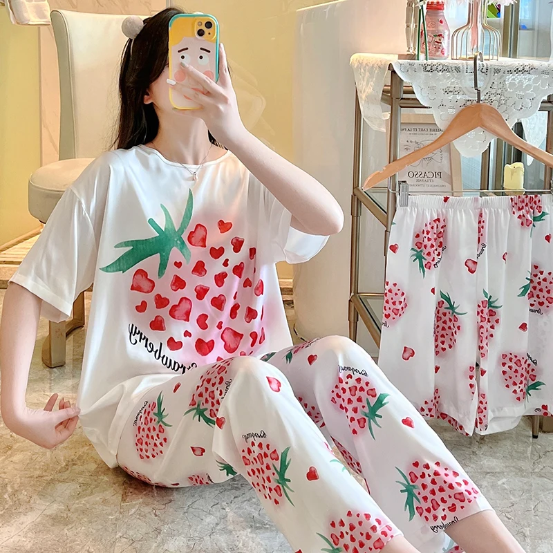 Strawberry Sleepwear Silk Pajamas for Women Summer Home Suit Short Sleeve Elegant Stain Tops Pants Set Stain Female Homewear