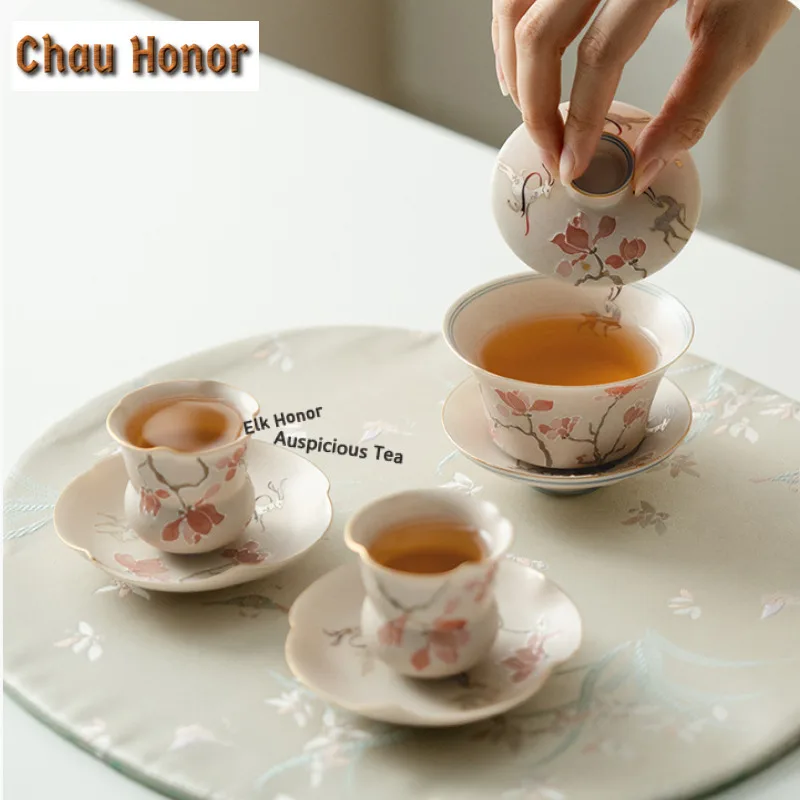 Hand-painted Plum Blossoms Pile Carve Gaiwan Luxury Tea Tureen Tea Bowl with Lid Kit Tea Making Cover Bowl Tea Items Decoration