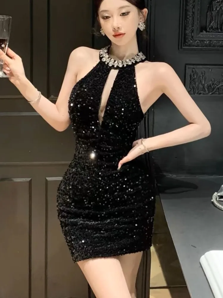 

Sexy Halter Mini Dress Women Sleeveless Rhinestone Sequins Hollow Out New Summer Shiny Evening Party Dresses Slim Clubwear