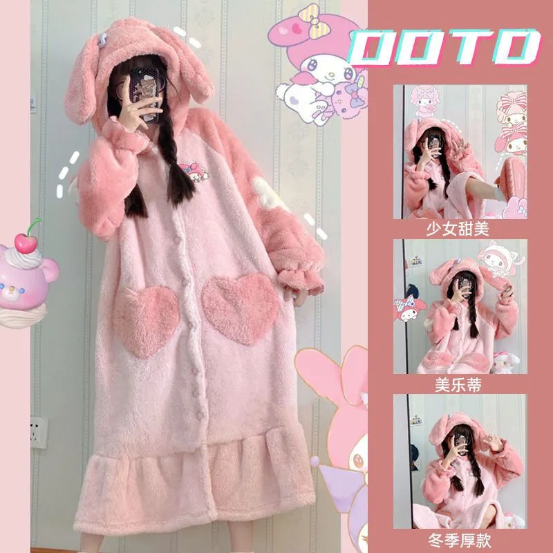 

Kawaii Sanrio My Melody Kuromi Cinnamoroll Plush Loungewear Women's Pajamas Robe Hooded Cute Pajamas Plush Long Nightgown Gift