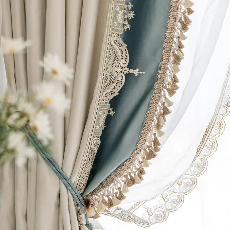 French Luxury Imitation Luster American Luxury Stitching Lace Curtains Blackout Curtains for Living Room Bedroom
