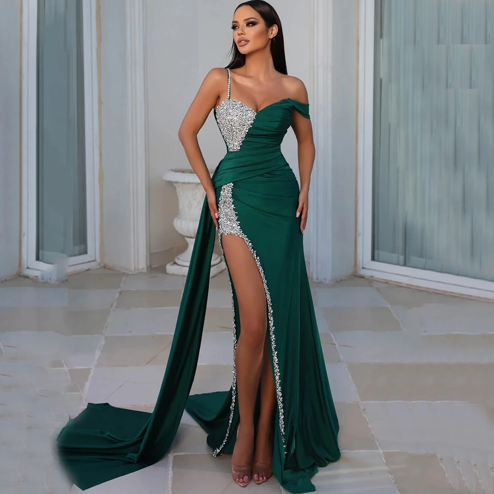 

Luxury Diamond Jewelry Evening Dress Green Sweetheart Pleat Asymmetrical Floor Length Sweep Train Women Party Banquet Prom Gowns