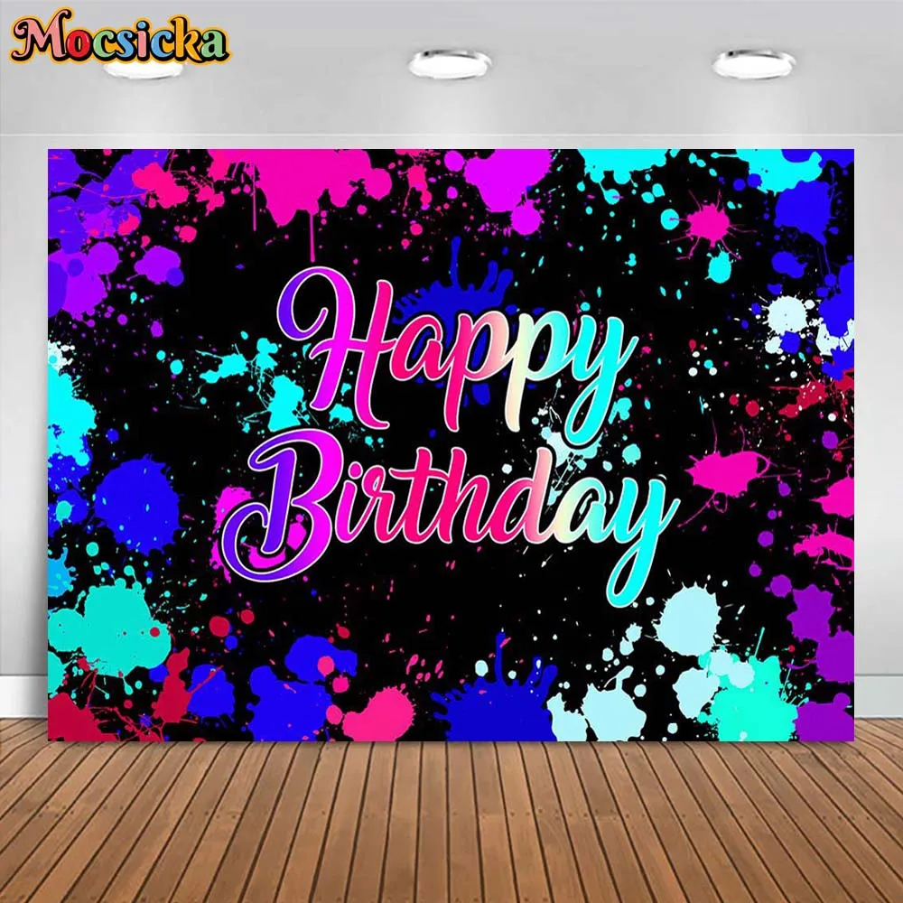 

Mocsicka Glow Neon Birthday Backdrop Photography Glow in The Dark Graffiti Splatter Kids Birthday Party Background Photo Studio