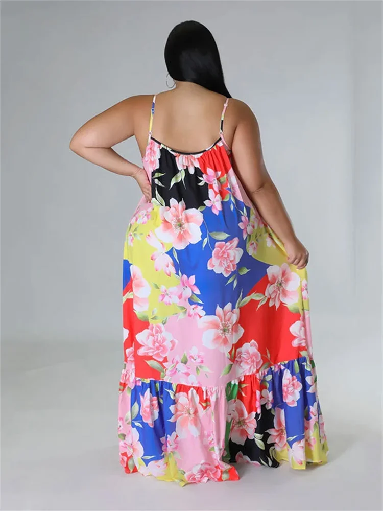 Wmstar Plus Size Dresses for Women Wholesale Flowers Print Sexy Slip Big Hem Draped Maxi Dress Sweet Style Dropshipping 2025